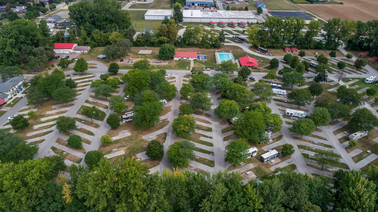Aerial view of RV park sites and hookups