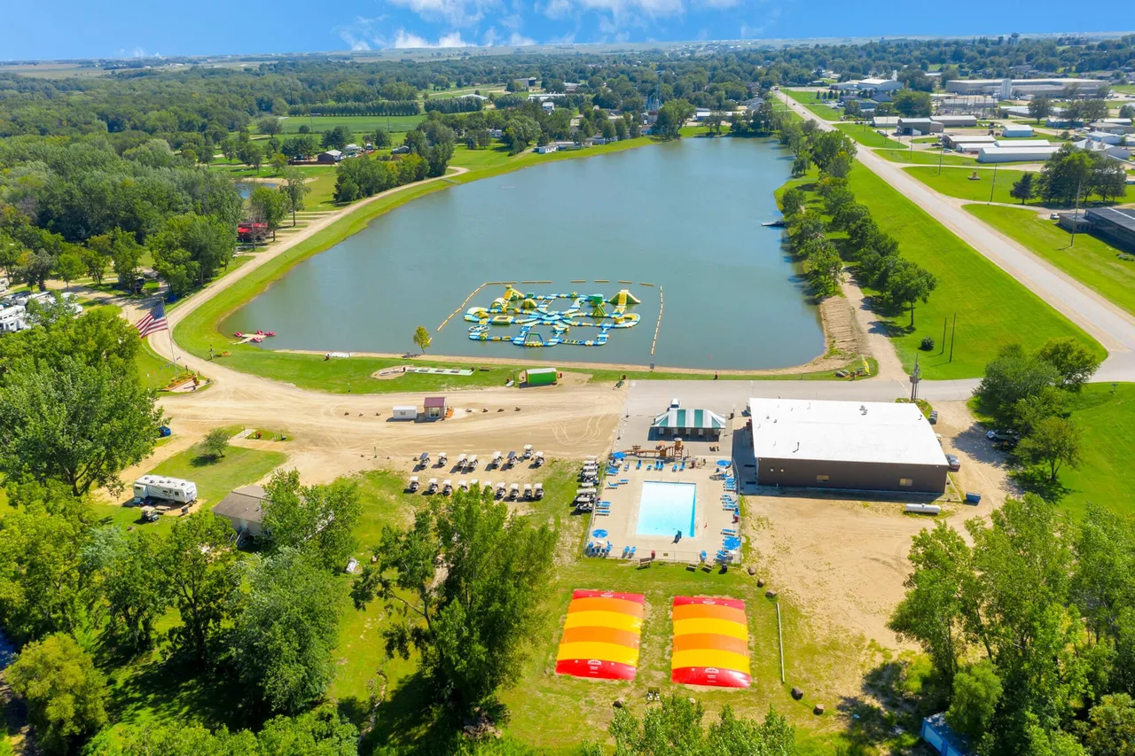 Aerial view of lake and waterfront attractions