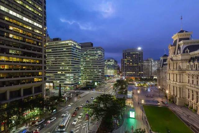 Twilight neighborhood scene at sunset