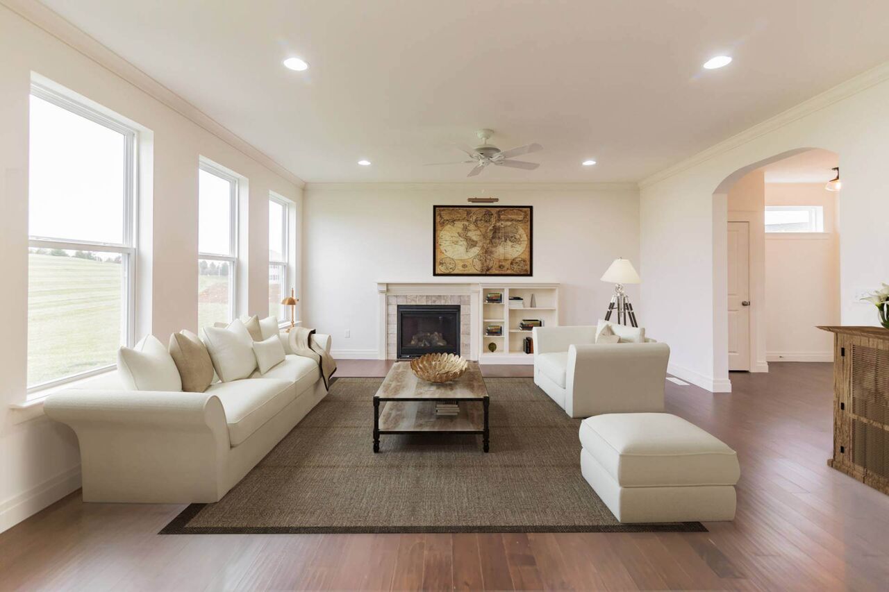 Virtually staged living room with modern furniture and decor